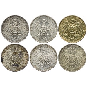 Niemcy, Saksonia, 3 marki 1909-1913 (6szt.)