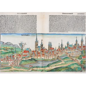 [WROCŁAW] Bressla. [Hartmann Schedel, 1493]. Drzeworyt ręcznie kolor. 23,5x52,5 cm, na arkuszu 42x61,5 cm...