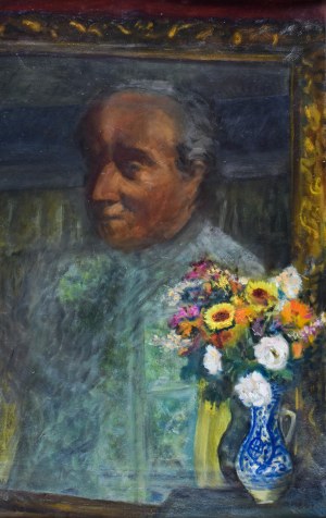 Irena WEISS – ANERI (1888-1981), Martwa natura z portretem W. Weissa i kwiatami, po 1950