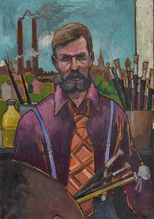 Ewald Gawlik (1919-1993), Autoportret na tle Nikiszowca, 1977
