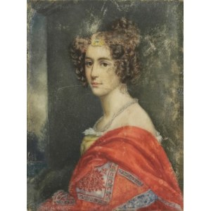 Autor nieokreślony, XIX w., Kobieta z czerwoną narzutką - miniatura
