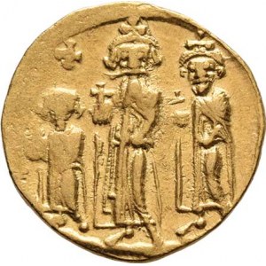 Byzanc, Heraclius, Heracl. Constantinus a Heraclonas, Solidus, Postavy císaře a jeho dvou synů čeln
