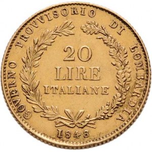 Revoluční vláda v Miláně, 1848 - 1849, 20 Lira 1848 M - stoj. Italie, italský opis / 3-řádk.
