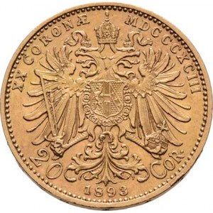 František Josef I., 1848 - 1916, 20 Koruna 1893, 6.764g, dr.hr., nep.rysky, pěkná