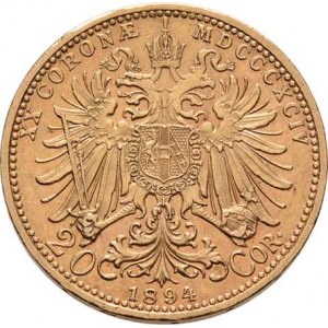 František Josef I., 1848 - 1916, 20 Koruna 1894, 6.768g, nep.hr., nep.rysky, pěkná