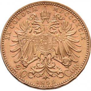 František Josef I., 1848 - 1916, 20 Koruna 1899 (pouze 98.000 ks), 6.756g, nep.hr.,
