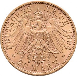 Německo - Sasko, Albert I., 1873 - 1902, 20 Marka 1894 E, Drážďany, KM.1248 (Au900), 7.956g,