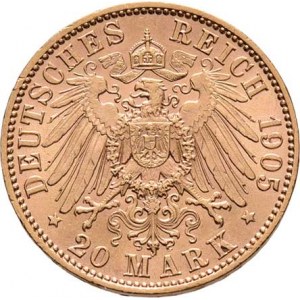 Německo - Sasko, Friedrich August III., 1904 - 1918, 20 Marka 1905 E, Drážďany, KM.1265 (Au900), 7.