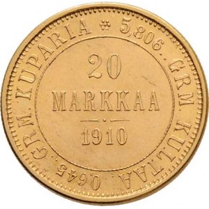 Finsko pod Ruskem, Mikuláš II., 1894 - 1917, 20 Marka 1910 L, Helsinki, KM.9.2 (Au900), 6.442g,