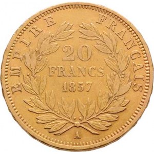 Francie, Napoleon III., 1852 - 1871, 20 Frank 1857 A, Paříž, KM.781.1 (Au900), 6.408g,