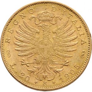 Itálie, Viktor Emanuel III., 1900 - 1946, 20 Lira 1905 R, Řím, KM.48 (Au900, pouze 8.715 ks),