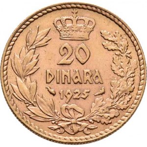 Jugoslávie, Alexandr I., 1921 - 1934, 20 Dinar 1925, KM.7 (Au900), 6.461g, nep.hr.,