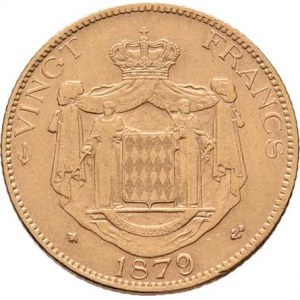 Monako, Charles III., 1856 - 1889, 20 Frank 1879 A, Paříž, KM.99 (Au900, pouze 50.000