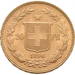 Švýcarsko, republika, 20 Frank 1890 B, Bern, KM.31.3 (Au900), 6.443g,