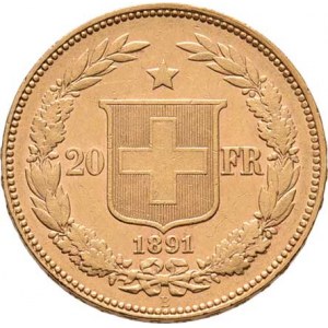 Švýcarsko, republika, 20 Frank 1891 B, Bern, KM.31.3 (Au900), 6.446g,
