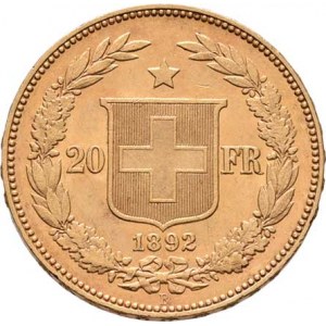 Švýcarsko, republika, 20 Frank 1892 B, Bern, KM.31.3 (Au900), 6.442g,