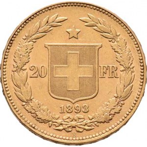 Švýcarsko, republika, 20 Frank 1893 B, Bern, KM.31.3 (Au900), 6.439g,