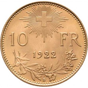Švýcarsko, republika, 10 Frank 1922 B, Bern, KM.36 (Au900), 3.221g,