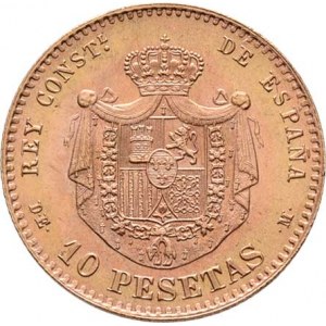 Španělsko, Alfonso XII., 1874 - 1885, 10 Peseta 1878/1962 DE-M - novoražba, KM.677 (Au900,