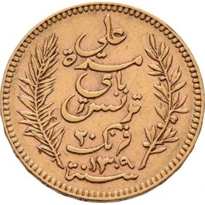 Tunis - francouzský protektorát, Ali Bey, 1882 - 1902, 20 Frank, AH.1310 = 1892 A, Paříž, KM.227 (A