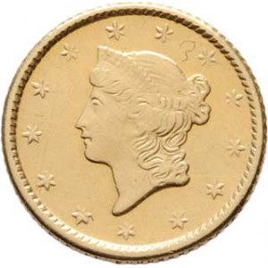 USA, Dolar 1852 - hlava Liberty, KM.73 (Au900), 1.645g,