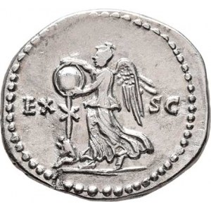 Vespasianus - posmrtná ražba za Tita, AR Denár, Rv:EX.S.C. Victoria se štítem, trofejí