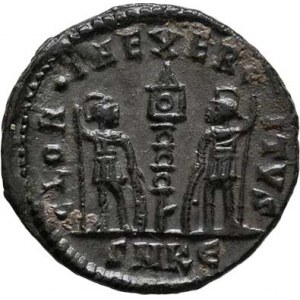 Constantinus II. - jako césar, 317 - 337, AE3/4, Rv:GLORIA.EXERCITVS., vojáci a standarta,