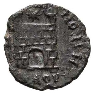 Flavius Victor, 387 - 388, AE4, Rv:SPES.ROMANORVM., táborová brána, RIC.9.55b,