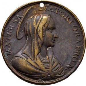 Církevní medaile - lité svátostky kruhové, Kristus jako Salvator Mundi, opis/ Panna Marie zprava