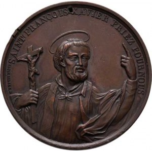 Církevní medaile - ostatní - signované, Caque - svatý František Xaverský, franc. opis / znak