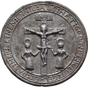 Církevní medaile - ostatní - nesignované, Kristus na kříži, dvě světice, opis / pelikán krmící