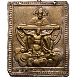 Církevní medaile - ostatní - nesignované, Trojice Boží, nápis, Nesign., mosazný plech 68x87 mm
