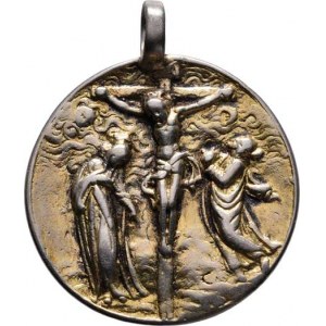Církevní medaile - ostatní - nesignované, Kristus na kříži a dvě světice / Beránek Boží, b.l.,