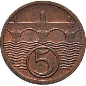 Československo 1918 - 1938, 5 Haléř 1929, KM.6 (CuZn), 1.736g, nep.hr., pěkná