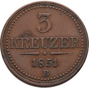 Konvenční měna, údobí let 1848 - 1857, 3 Krejcar 1851 B, 15.872g, dr.vady materiálu, dr.hr.,