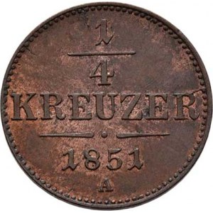 Konvenční měna, údobí let 1848 - 1857, 1/4 Krejcar 1851 A, 1.462g, patina, téměř