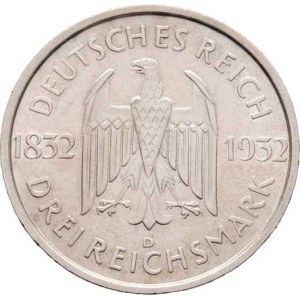 Německo - Výmarská republika, 1918 - 1933, 3 Marka 1932 D - Goethe, KM.76 (Ag500, pouze 56.000