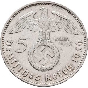 Německo - 3.říše, 1933 - 1945, 5 Marka 1936 J - Hindenburg, KM.86 (Ag900), 13.837g,