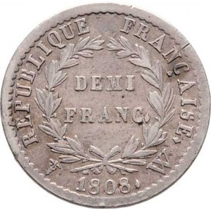 Francie, Napoleon I. - císař, 1804 - 1814, 1815, 1/2 Frank 1808 W, Lille, KM.680.14 (Ag900), 2.440g