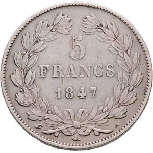 Francie, Ludvík Filip, 1830 - 1848, 5 Frank 1847 A, Paříž, KM.749.1 (Ag900), 24.684g,