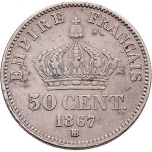 Francie, Napoleon III., 1852 - 1871, 50 Centimes 1867 BB, Strasbourgh, KM.814.2 (Ag835),