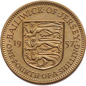 Jersey, Elizabeth II., 1952 -, 1/4 Shilling 1957, KM.22 (mosaz), 4.731g, nep.rysky,