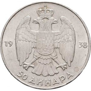 Jugoslávie, Petar II., 1934 - 1945, 50 Dinár 1938, KM.24 (Ag750), 15.115g, dr.hr.,