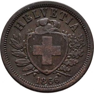 Švýcarsko, republika, 2 Rap 1866 B, KM.4 (bronz), 2.406g, nep.hr.,