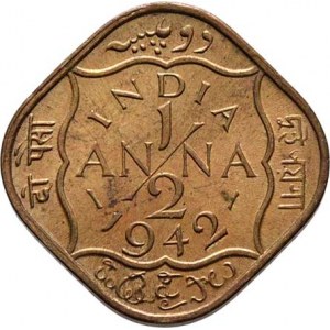 Indie, George VI., 1936 - 1952, 1/2 Anna 1942, KM.534b.1 (mosaz), 2.905g, patina,