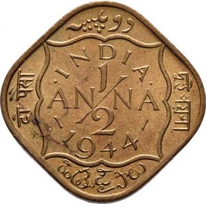 Indie, George VI., 1936 - 1952, 1/2 Anna 1944, KM.534b.2 (mosaz), 2.974g, skvrnka,