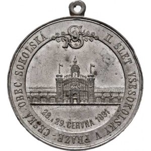 Praha - medaile Zemské jubilejní výstavy 1891, ČOS - II.všesokolský slet 28.-29.6.1891 - sokol s