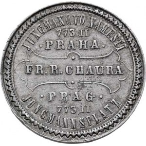 Praha - medaile Zemské jubilejní výstavy 1891, Chaura Fr.R. - firemní adresní známka - český lev