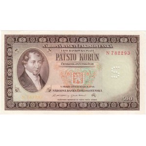 Československo - bankovky a státovky 1945 - 1953, 500 Koruna 1946, série N, BHK.80a, He.87a.s3,