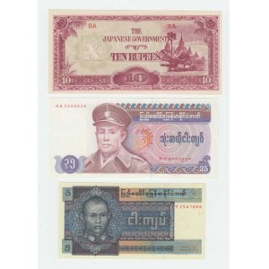 Barma, 10 Rupie (1942-1944), 5 Kyats (1973), 35 Kyats